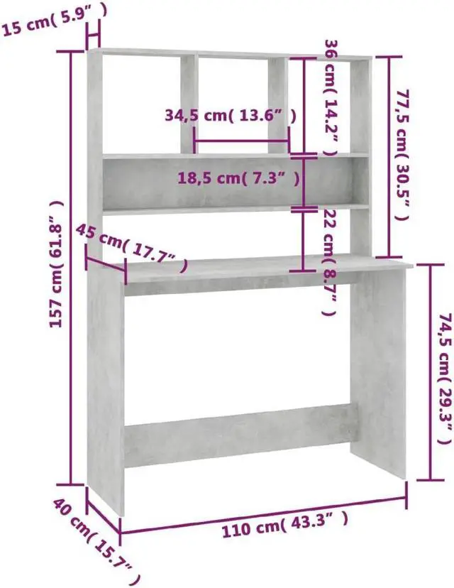 Alt view image 4 of 13 - vidaXL Desk with Shelves Home Office Computer Desk Concrete Gray Engineered Wood