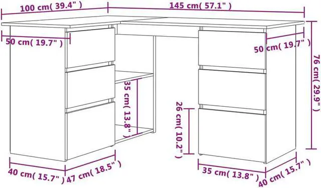 Alt view image 4 of 6 - vidaXL Corner Desk L-Shaped Computer Desk White and Sonoma Oak Engineered Wood