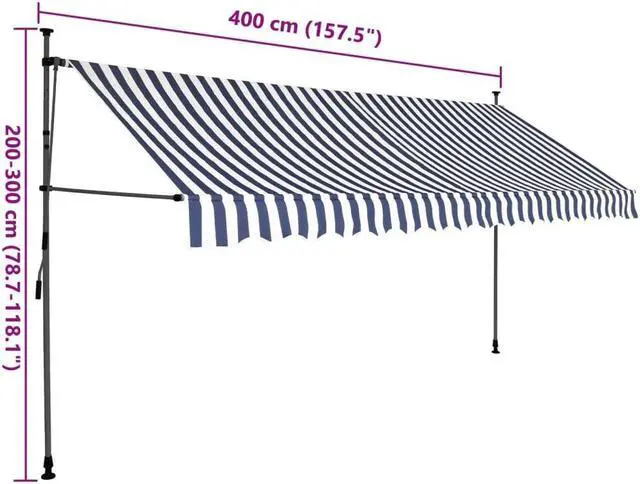 Alt view image 3 of 8 - vidaXL Retractable Awning Patio with Hand Crank and LED 157.5" Blue and White