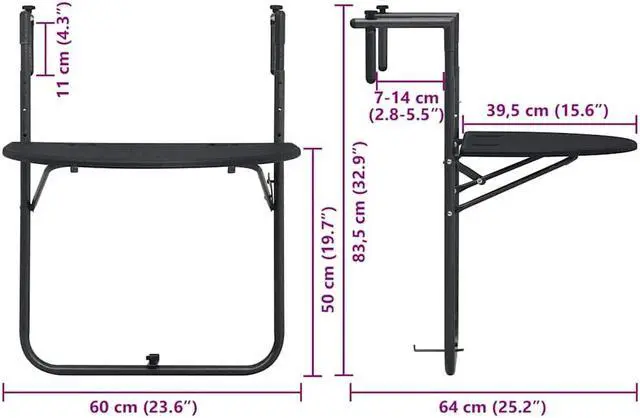 Alt view image 7 of 11 - vidaXL Balcony Table Folding Outdoor Table Patio Railing Table Plastic Black