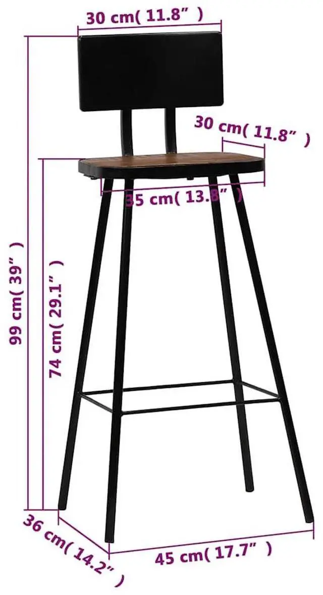 Alt view image 4 of 7 - vidaXL Bar Stools Bar Seats Counter Height Stools 2 Pcs Solid Reclaimed Wood