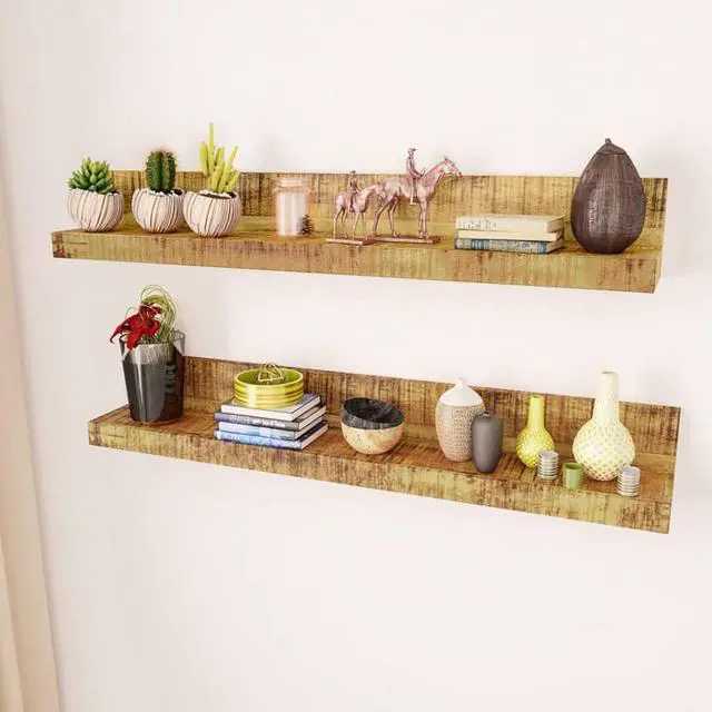 Alt view image 2 of 14 - Rustic 2pc Floating Shelf Solid Mango Wood Wall Display Shelf Vintage Home Decor