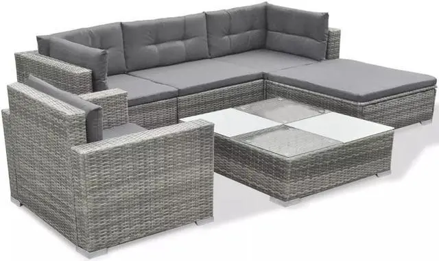 Alt view image 3 of 7 - vidaXL Patio Furniture Set 6 Piece Sofa with Coffee Table Poly Rattan Gray