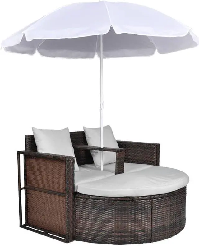 Alt view image 11 of 14 - vidaXL Patio Bed Outdoor Patio Wicker Daybed with Parasol Brown Poly Rattan