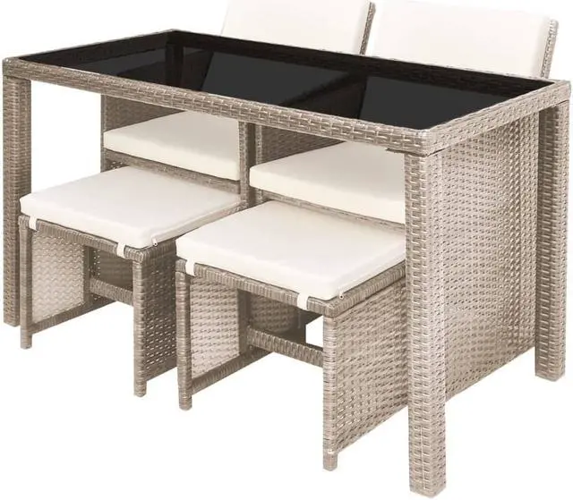 Alt view image 8 of 10 - vidaXL 5 Piece Outdoor Dining Set with Cushions Poly Rattan Beige