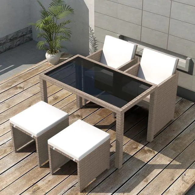 Alt view image 5 of 10 - vidaXL 5 Piece Outdoor Dining Set with Cushions Poly Rattan Beige