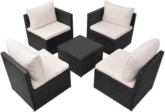 Alt view image 4 of 7 - vidaXL Patio Furniture Set 5 Piece Sectional Sofa with Table Poly Rattan Black