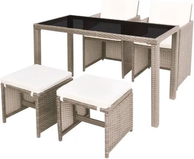 Alt view image 6 of 10 - vidaXL 5 Piece Outdoor Dining Set with Cushions Poly Rattan Beige