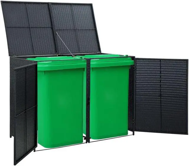 Alt view image 2 of 13 - vidaXL Garbage Can Shed Trash Bin Shed Wheelie Bin Storage Black Poly Rattan