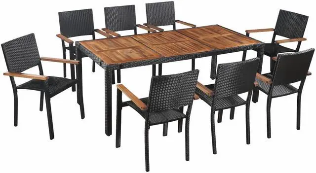 Main image of vidaXL Patio Dining Set 9 Piece Table Set Poly Rattan and Acacia Wood Black