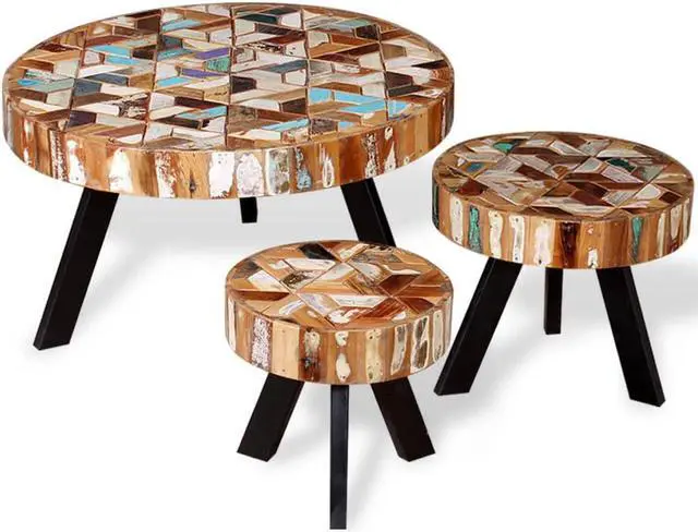 Main image of vidaXL Coffee Table Set 3 Piece Round Side End Table Solid Wood Reclaimed