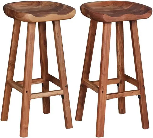 Alt view image 3 of 19 - vidaXL 2x Bar Stool Solid Acacia Wood Kitchen Counter Pub Chair Seat Furniture