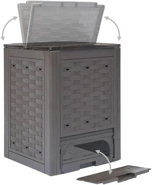 Alt view image 5 of 11 - vidaXL Garden Composter Trash Can Compost Bin with Lid Brown Plastic Rattan