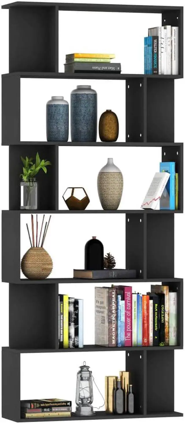 Alt view image 3 of 10 - vidaXL Book Cabinet/Room Divider Black Engineered Wood Bookshelf Highboard