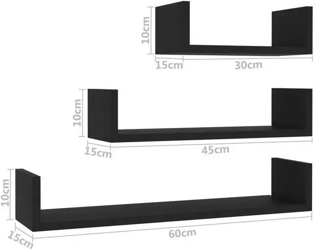 Alt view image 6 of 12 - vidaXL Wall Shelf Floating Display Shelf Rack 3 Pcs Black Engineered Wood