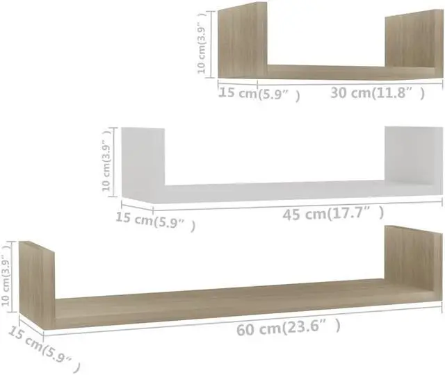 Alt view image 6 of 13 - vidaXL Wall Shelf Floating Shelf 3 Pcs White and Sonoma Oak Engineered Wood