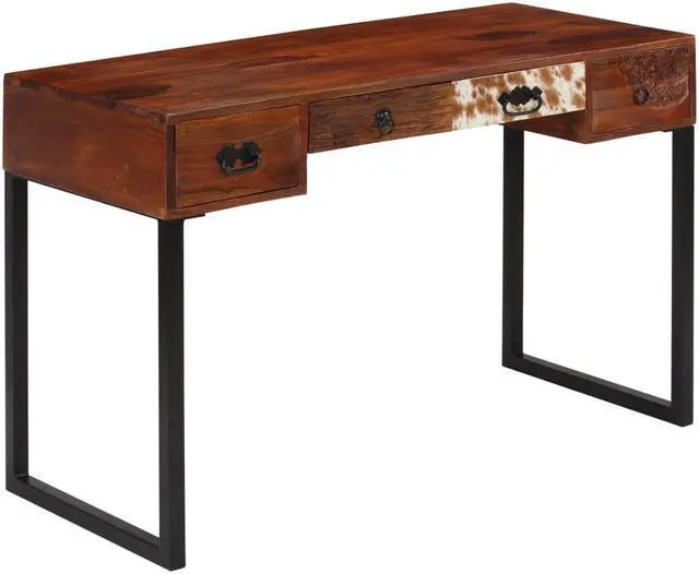 Main image of vidaXL Solid Wood Sheesham Desk with Steel Legs Real Leather 46.1" Writing