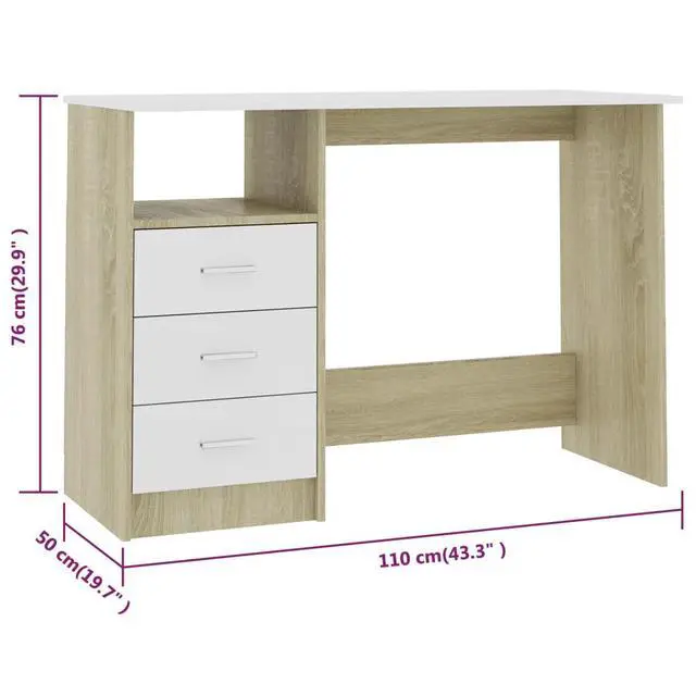 Alt view image 10 of 10 - vidaXL Desk with Drawers White and Sonoma Oak Engineered Wood Office Table