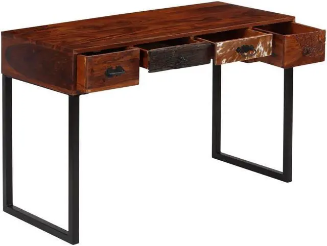 Alt view image 5 of 14 - vidaXL Solid Wood Sheesham Desk with Steel Legs Real Leather 46.1" Writing