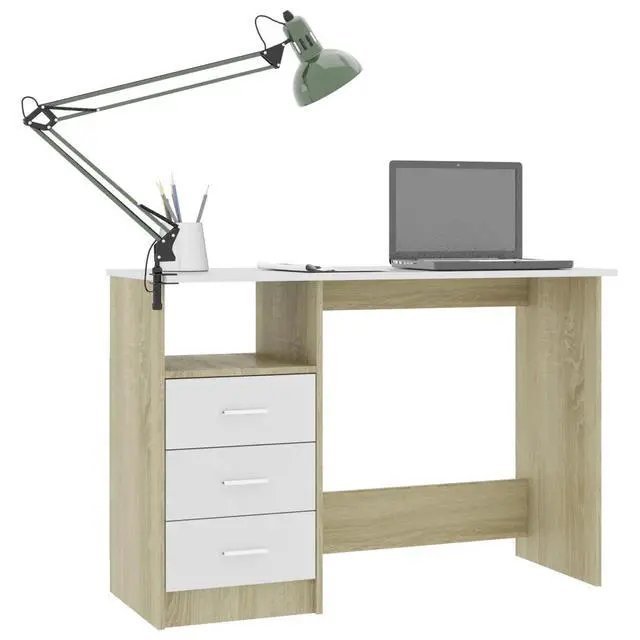 Alt view image 3 of 10 - vidaXL Desk with Drawers White and Sonoma Oak Engineered Wood Office Table