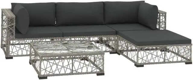 Alt view image 2 of 7 - vidaXL Patio Lounge Set Outdoor Sectional Sofa Set 5 Piece Poly Rattan Gray