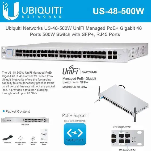 Alt view image 3 of 6 - UBIQUITIUbiquiti Us-48-500W Ubiquiti Unifi Switch 48 Ports Manageable 4 X Expansion Slots 10 100 1000Baset, 1000Basex, 10Gbasex 2 X Sfp Slots 2 X Sfp+ Slots 2 Layer Supported New Us-48-500W