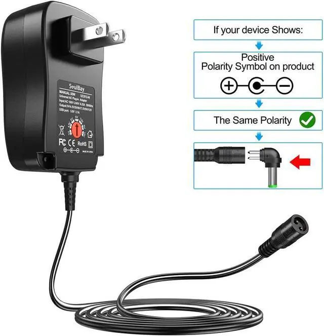 Alt view image 4 of 7 - Universal Power Supply AC to DC 3V 4.5V 5V 6V 7.5V 9V 12V Multi Voltage Power Adapter with 8 Plugs for Center Negative(-) Tip Negative Effects Pedals Keyboards Instrument - 2A Max