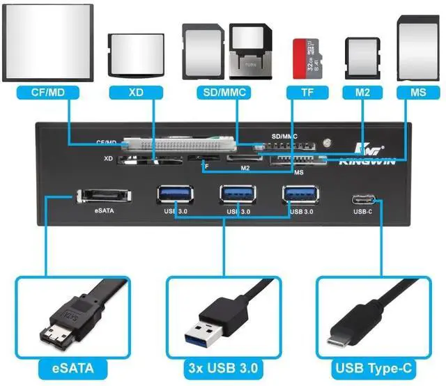 Alt view image 4 of 7 - Kingwin Powered USB Hub 3.0 w/ 1 USB-C Port, SD Card Reader & Micro SD Card Reader - Sata Power Port w/Lightning Speed Data Transfer Up to 5Gbps - 5.25" Computer Case Front Bay