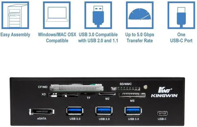 Alt view image 6 of 7 - Kingwin Powered USB Hub 3.0 w/ 1 USB-C Port, SD Card Reader & Micro SD Card Reader - Sata Power Port w/Lightning Speed Data Transfer Up to 5Gbps - 5.25" Computer Case Front Bay