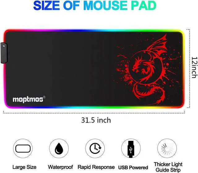 Alt view image 2 of 7 - RGB Gaming Mouse Pad Anime Dragon Mousepad Mat LED with 15 Lighting Modes for Computer 31.5 X 12 Inch (Red)