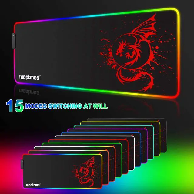 Alt view image 5 of 7 - RGB Gaming Mouse Pad Anime Dragon Mousepad Mat LED with 15 Lighting Modes for Computer 31.5 X 12 Inch (Red)