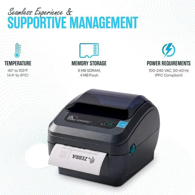 Alt view image 4 of 6 - Ze bra GK420D Direct Thermal Label & Bar code Printer Bundle - 1 Year Warranty - Comes with 24V, 4x6 Label Roll, USB 2.0 Cable & Microfiber Cleaning Cloth - Ethernet Connectivity