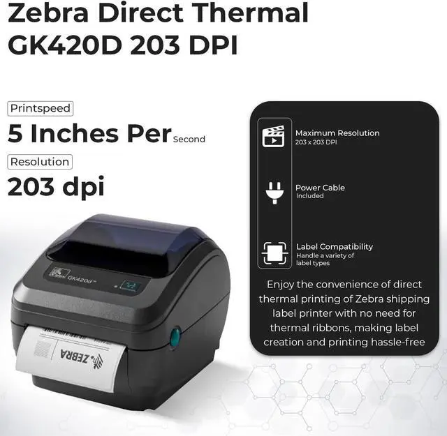 Alt view image 3 of 7 - Ze bra GK420D Direct Thermal Label & Bar code Printer Bundle - 1 Year Warranty - Ethernet Connectivity Printer with 24V AC Adapter + 4x6 Label Roll + USB 2.0 Cable + Microfiber Cloth