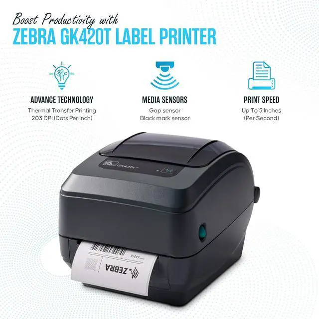 Alt view image 3 of 6 - Ze bra GK420T Thermal Transfer Desktop Printer for Labels, Receipts, Bar codes, Tags, and Wrist Bands - with USB, Ethernet Port Connectivity & Microfiber Cleaning Cloth