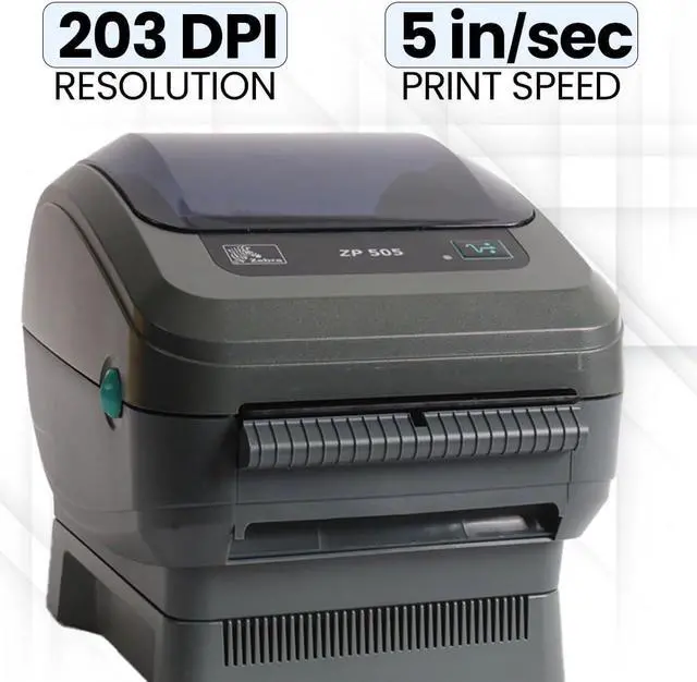 Alt view image 2 of 5 - Ze bra ZP505 Thermal Label Printer Bundle - Includes The Ze bra Thermal Printer ZP 505, USB Cable and Microfiber Cloth - USB, Serial, and Parallel Connectivity, 203 DPI Resolution