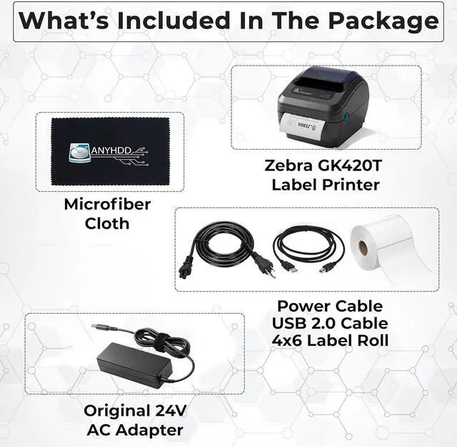 Alt view image 2 of 2 - Ze bra GK420T Thermal Transfer Desktop Printer for Labels, Receipts, Bar codes, Tags - 1 Year Warranty with Power Cable + 24V AC Adapter + 4x6 Roll + USB 2.0 Cable + Microfiber Cloth