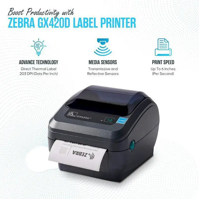 Alt view image 3 of 6 - Ze bra GX420D Direct Thermal Label, Receipt & Bar code Printer - with USB 2.0 Cable, 4x6 Label Roll, 24V - USB, Serial and Ethernet Connectivity