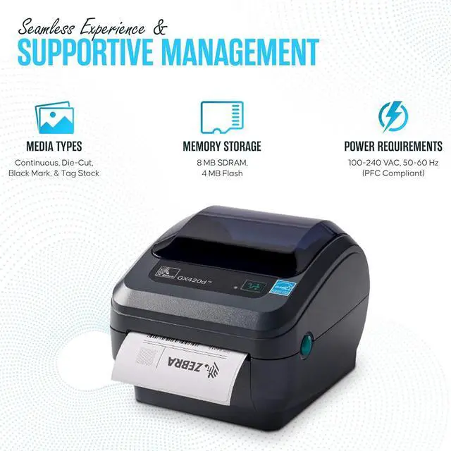 Alt view image 4 of 6 - Ze bra GX420D Direct Thermal Label, Receipt & Bar code Printer - with USB 2.0 Cable, 4x6 Label Roll, 24V - USB, Serial and Ethernet Connectivity