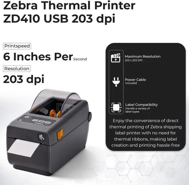 Alt view image 3 of 6 - Ze bra ZD410 Direct Thermal Monochrome Desktop Printer - Wired Thermal Printer with 2" Print Width - Office Desk Printer with USB Ethernet Connectivity