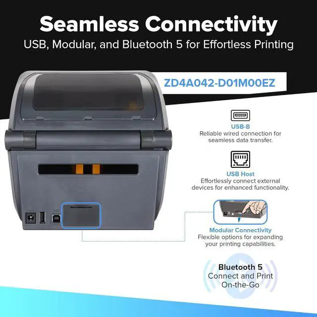 Alt view image 3 of 7 - Ze bra ZD421 Direct Thermal USB 203 dpi | ZD4A042-D01M00EZ 4 inch Width | No Thermal Ribbon Required