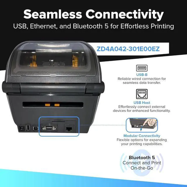 Alt view image 3 of 6 - Ze bra ZD421 Thermal Transfer Desktop Printer 203 dpi Print Width 4-inch USB Ethernet ZD4A042-301E00EZ | Includes Jetset Software