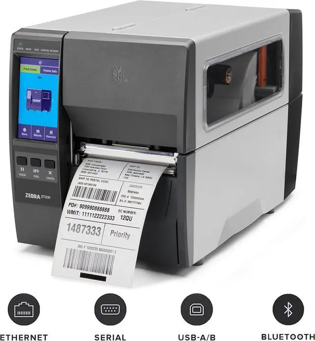 Alt view image 3 of 5 - Ze bra ZT23142-D01000FZ Direct Thermal Industrial Printer, ZT231 Upgraded Version of ZT230, 203 dpi Print Width 4 in Ethernet Bluetooth Serial USB, Includes: Touch Display, Tear Bar