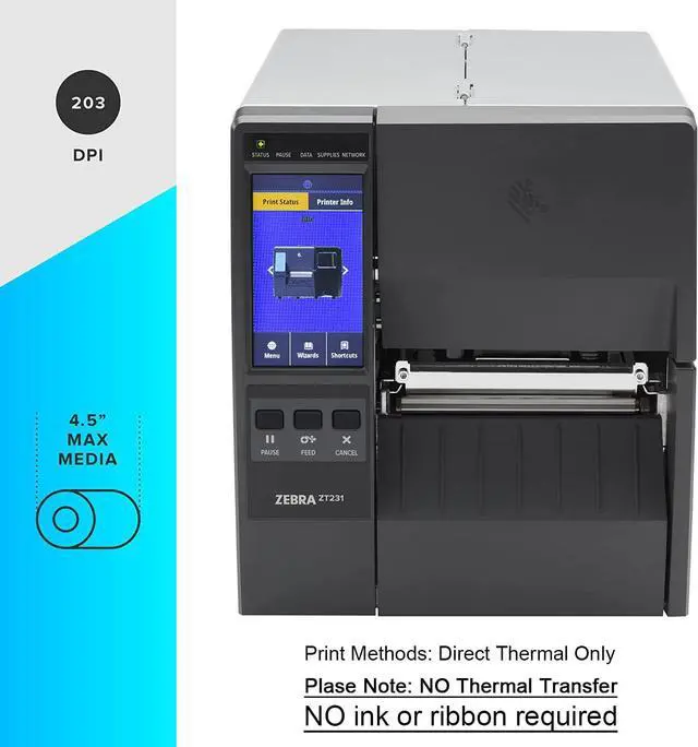 Alt view image 2 of 5 - Ze bra ZT23142-D01000FZ Direct Thermal Industrial Printer, ZT231 Upgraded Version of ZT230, 203 dpi Print Width 4 in Ethernet Bluetooth Serial USB, Includes: Touch Display, Tear Bar