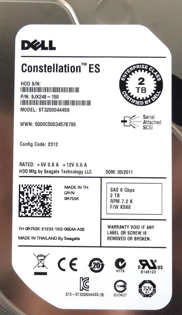 Alt view image 6 of 9 - Dell R755K 2TB 7200 RPM SAS 6Gb/s 3.5" Internal Hard Drive