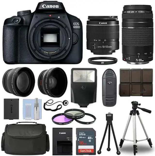 Main image of Canon EOS 4000D DSLR Camera + 4 Lens Kit 18-55mm + 70-300mm + 16GB Top Value Kit