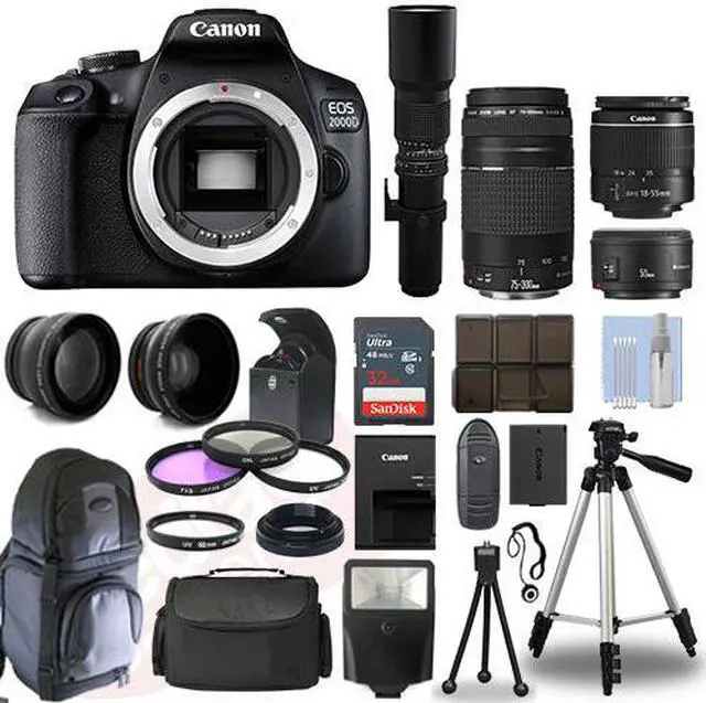 Alt view image 2 of 7 - Canon EOS 2000D / T7 DSLR + 6 Lens 18-55mm, 70-300mm, 50mm, 500mm+ 32GB PRO KIT!