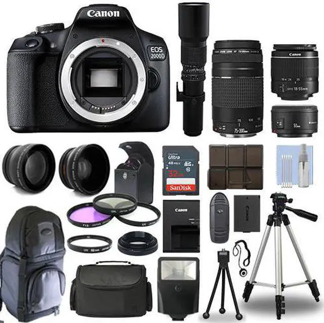 Main image of Canon EOS 2000D / T7 DSLR + 6 Lens 18-55mm, 70-300mm, 50mm, 500mm+ 32GB PRO KIT!
