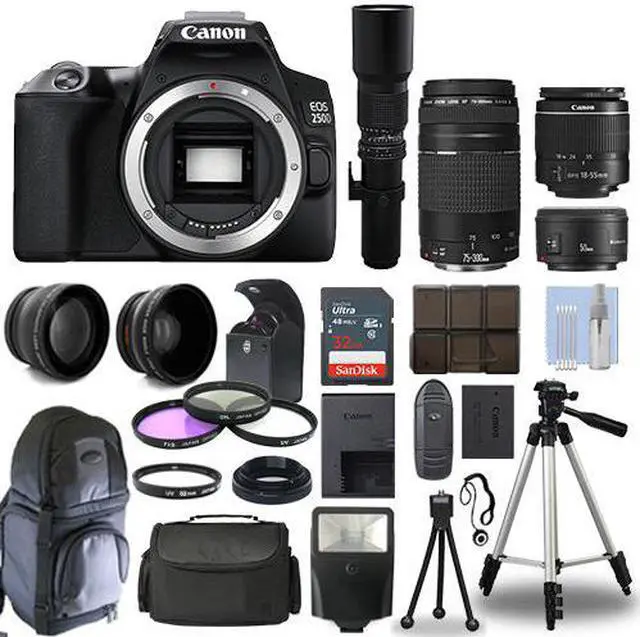 Main image of Canon EOS 250D / SL3 DSLR + 6 Lens 18-55mm, 70-300mm, 50mm, 500mm + 32GB PRO KIT
