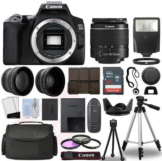 Alt view image 2 of 7 - Canon EOS 250D / Rebel SL3 SLR Camera + 3 Lens Kit 18-55mm + 16GB + Flash & More