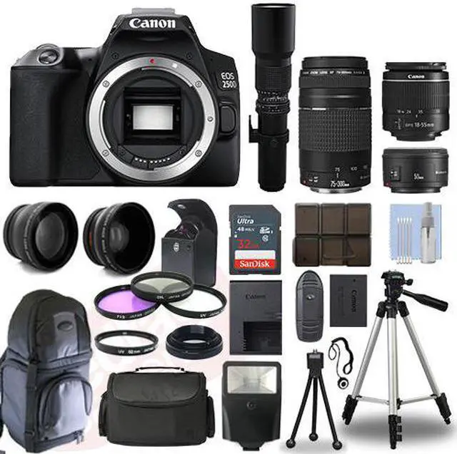 Alt view image 2 of 7 - Canon EOS 250D / SL3 DSLR + 6 Lens 18-55mm, 70-300mm, 50mm, 500mm + 32GB PRO KIT
